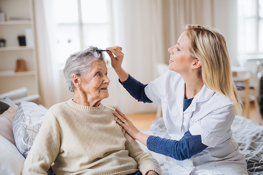 A health visitor combing hair of senior woman at home