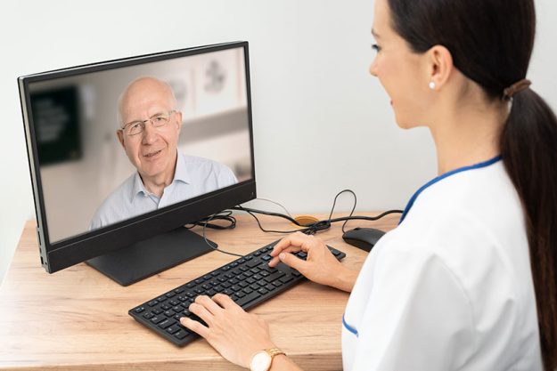 Doctor and senior man patient medical consultation, telehealth, telemedicine, remote health care concept Doctor and senior man patient medical consultation, telehealth, telemedicine, remote health care concept